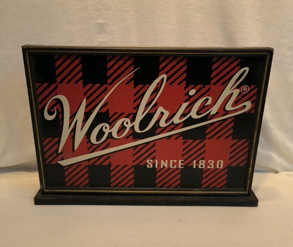 HTF Vintage Woolrich Clothing Wooden Store Advertising Sign Red and Black 12×17″