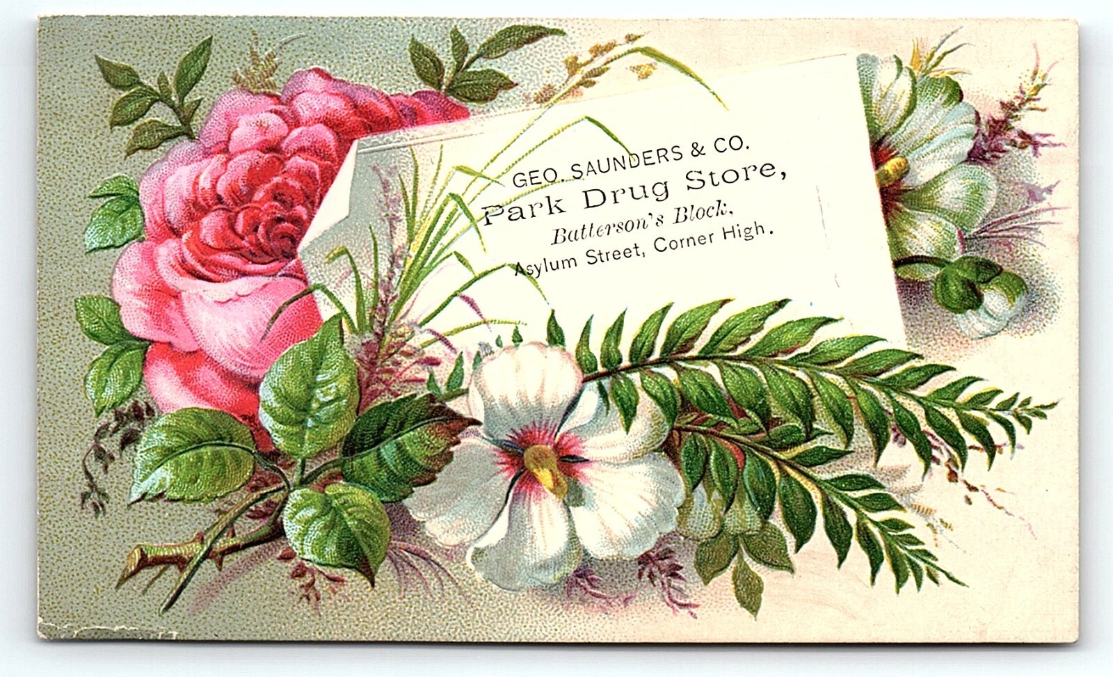 c1880 HARTFORD CT GEO SAUNDERS & CO PARK DRUG STORE BATTERSON TRADE CARD Z1451