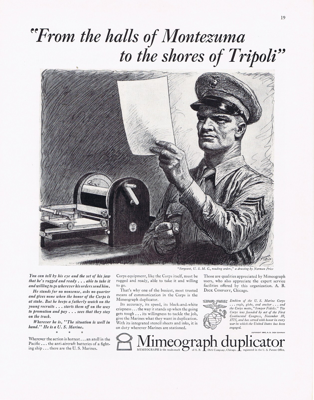 1942 Vintage MIMEOGRAPH DUPLICATOR MACHINE US MARINE CORP WORLD WAR II 11×14 Ad