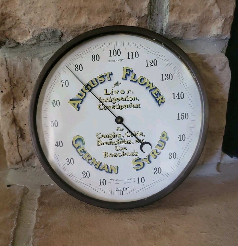 Vintage August Flower German Syrup Round THERMOMETER 9″