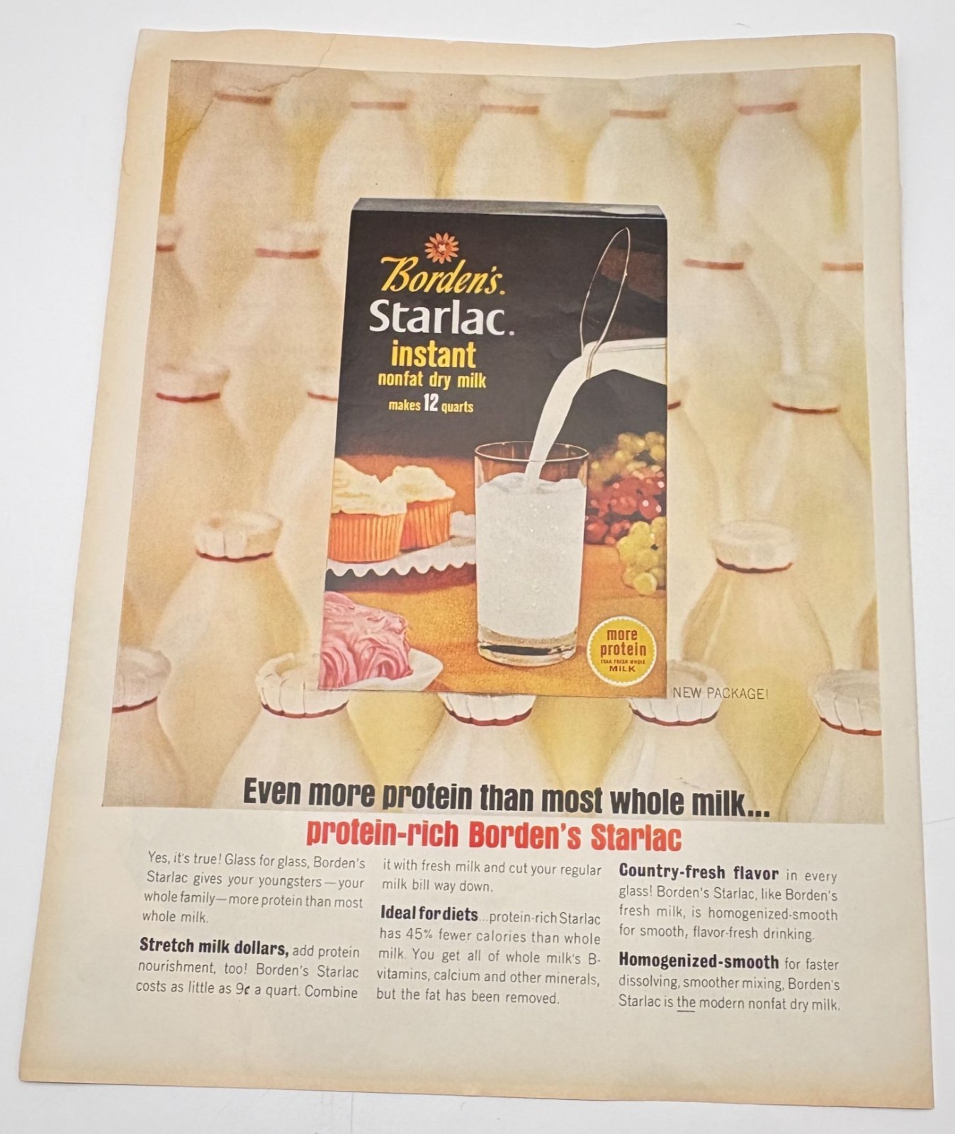 Bordens Starlac Instant Nonfat Dry Milk Vintage Print Ad 1960s Dairy Bottles