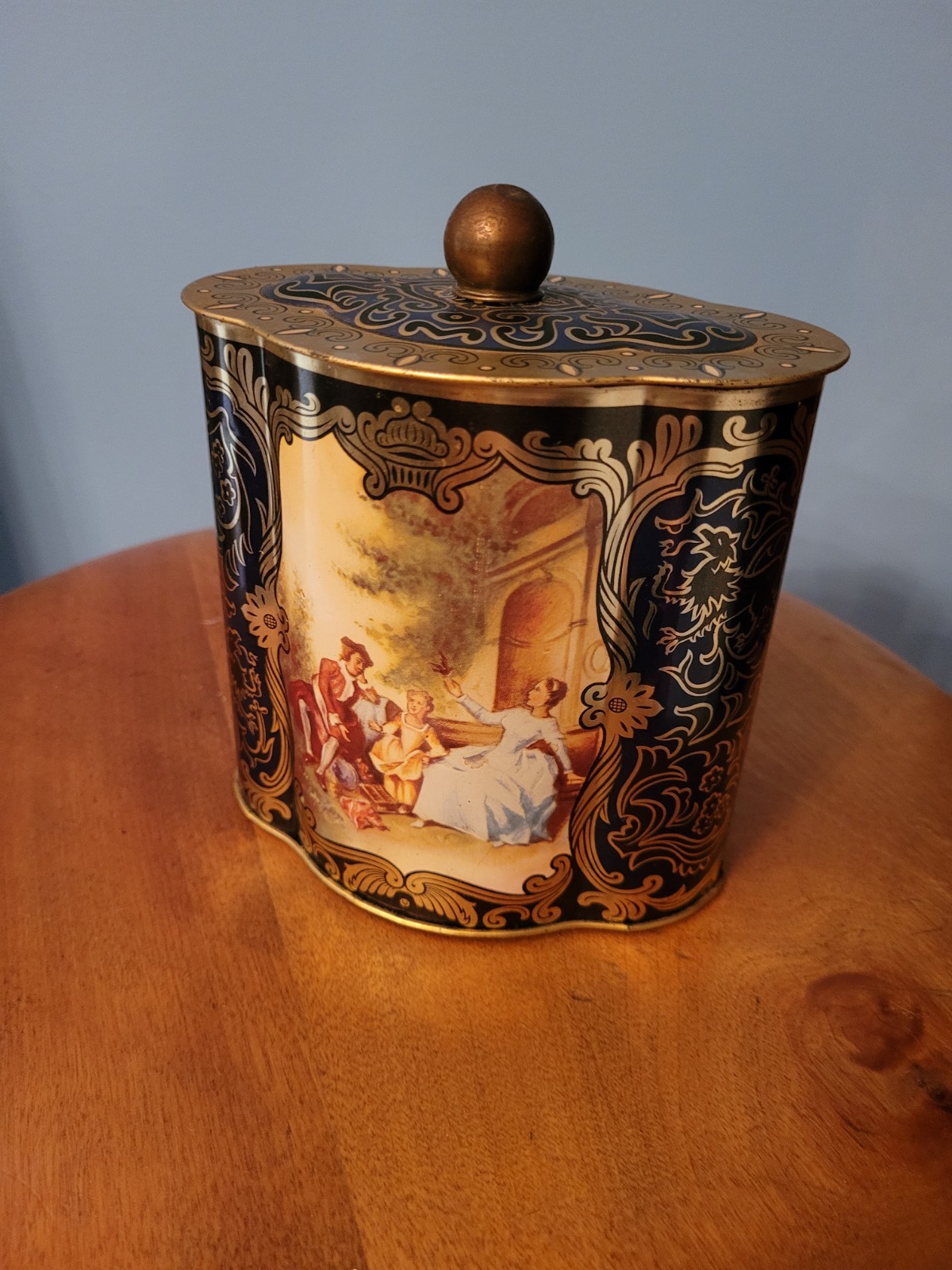 VTG Romantic Victorian Style Biscuit Tin, Black, Purple & Gold, West Germany