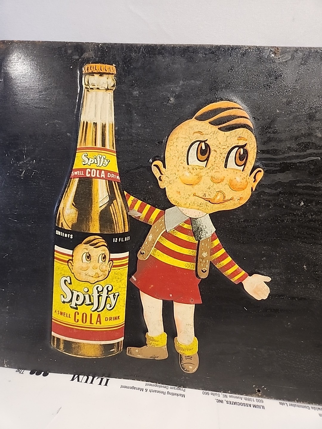 Orig 1940s Spiffy 5 Cent Cola Embossed Advertising Sign Spiffy Boy Country Store