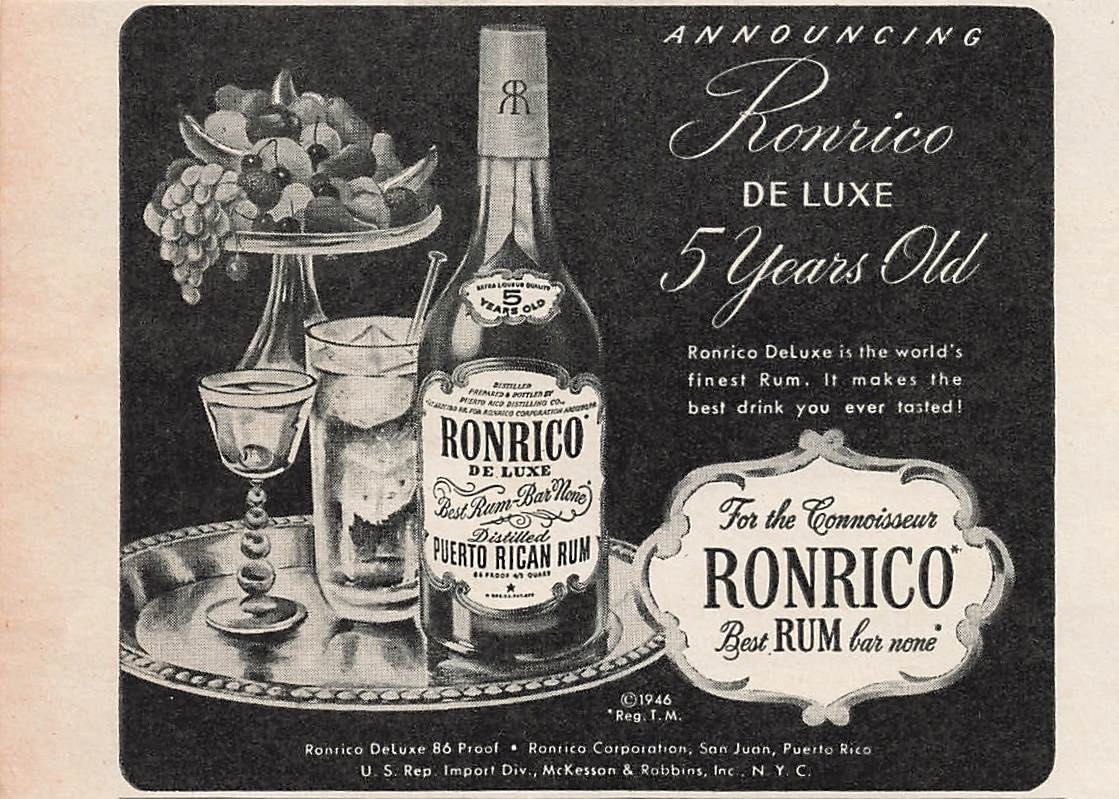 Ronrico Puerto Rican Rum Vintage Liquor Cocktail Ad 1940s Mid Century Decor 1946
