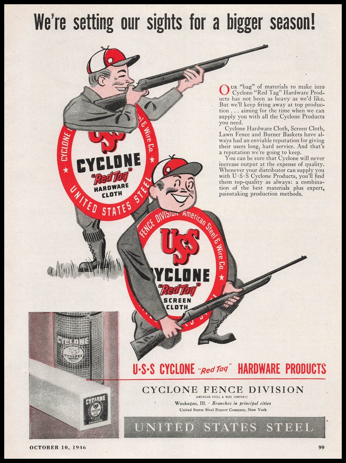 1946 USS Steel Cyclone Fence Red Tag Cloth Duck Hunters Cartoon Vintage Print Ad