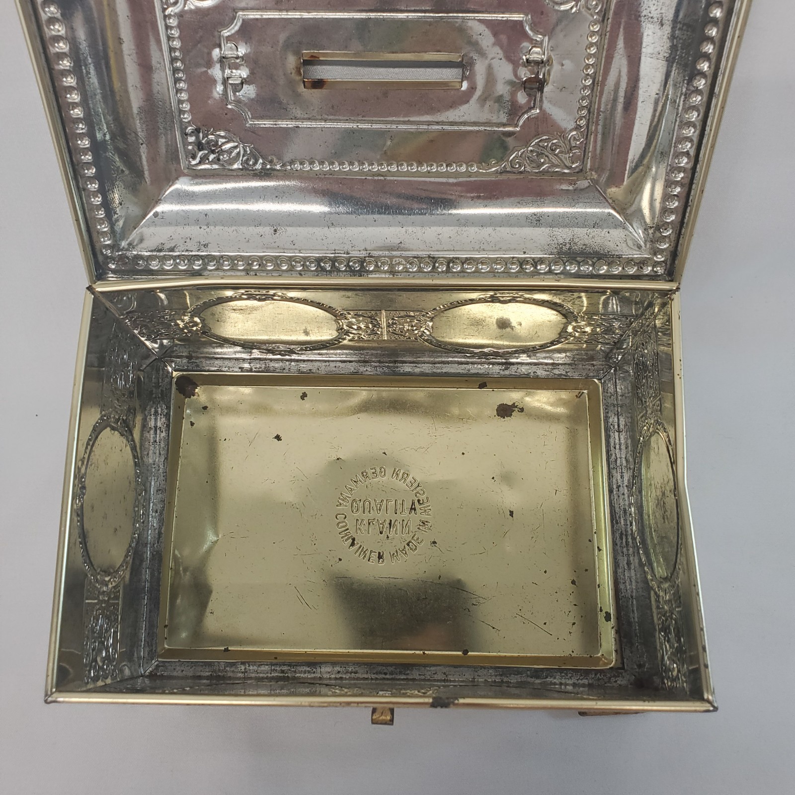 Vintage Klann Quality Decorative Floral Tin Coin Bank Box Western Germany