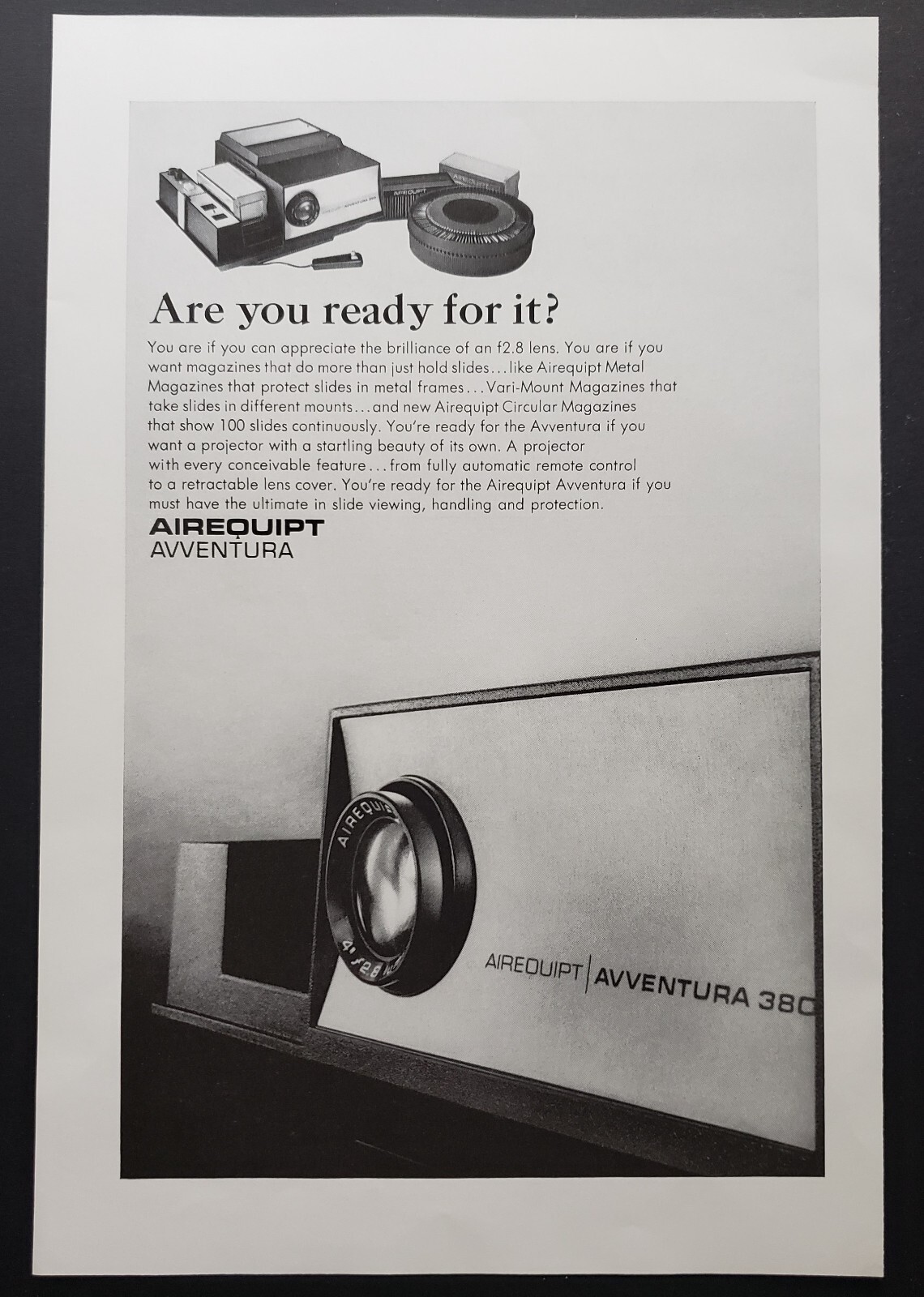 1964 Avventura Airequipt Projectors Show 100 Slides Continuously Print Ad