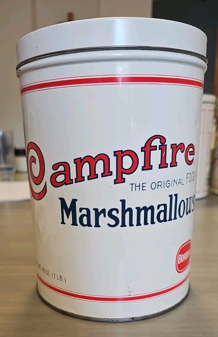 Vintage Campfire Marshmallows Tin 1920 Replica Borden 1 LB Can Red White Blue