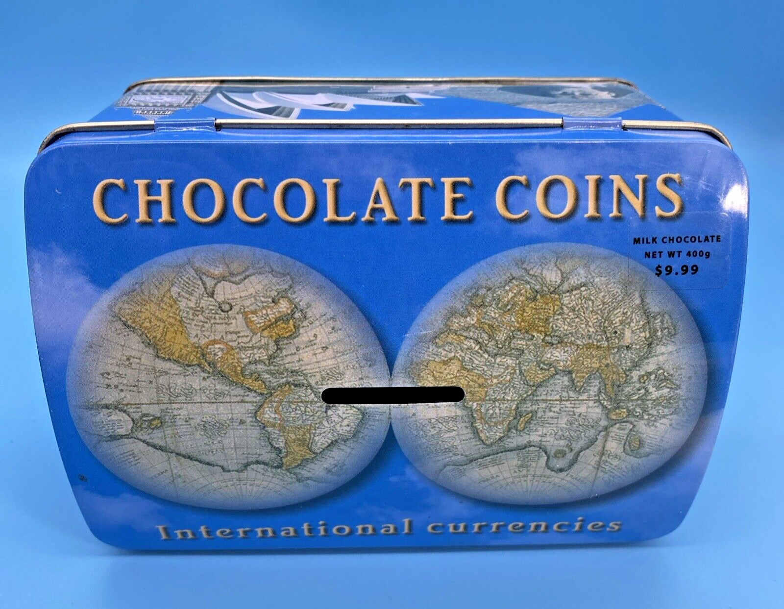 Empty Tin Piggy Bank International Currencies Chocolate Coins Slot Domed Cover