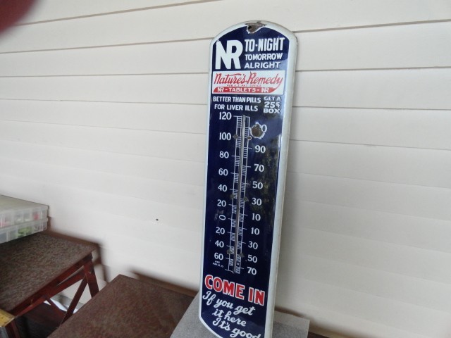 Vintage Original NATURES REMEDY Medical Porcelain Advertising Thermometer Sign
