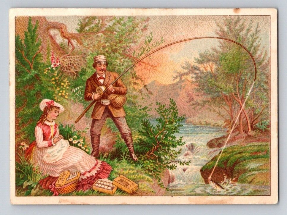 1880 Man Woman Fishing Scene J P Coats Six Cord Spool Cotton Calendar P24