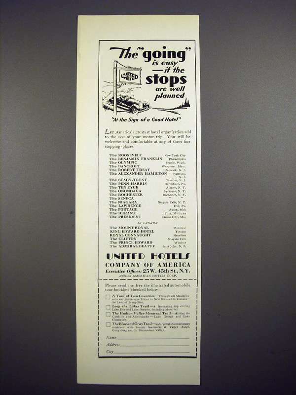 1928 United Hotels Company of America Ad – Going Easy