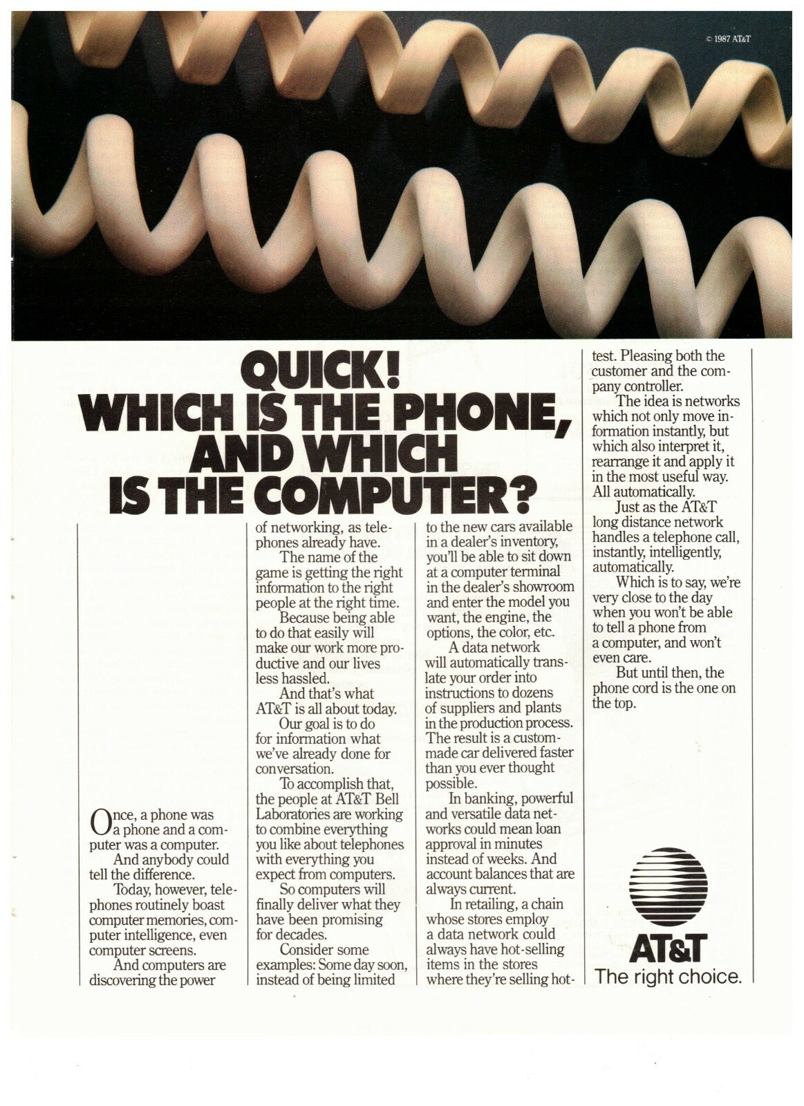 1986 AT&T Phone Computer Cord Long Distance Call Vintage Print Advertisement