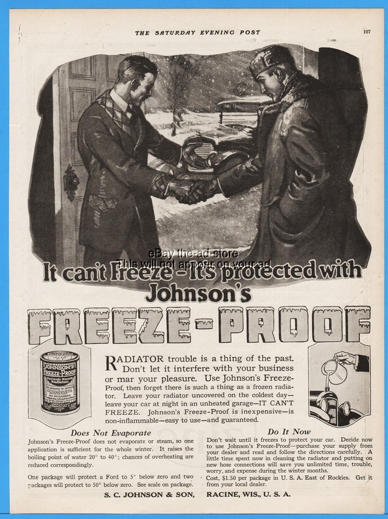 1918 SC Johnsons Racine WI Freeze Proof Radiator Anti Freeze Auto Car Art Ad