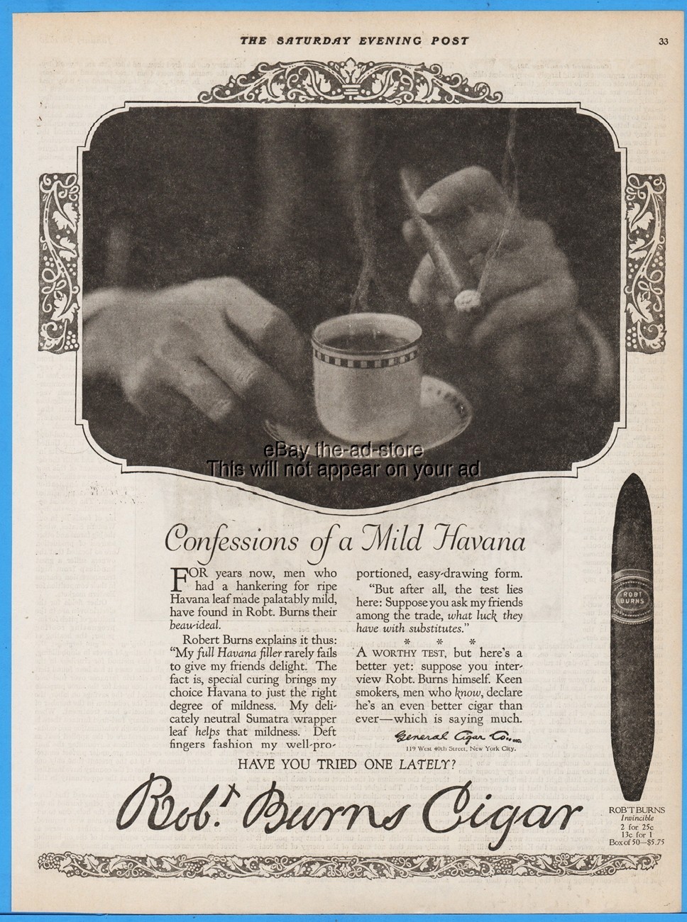 1920 Robt Burns General Cigar Invincible Confession of a Mild Havana Coffee Ad