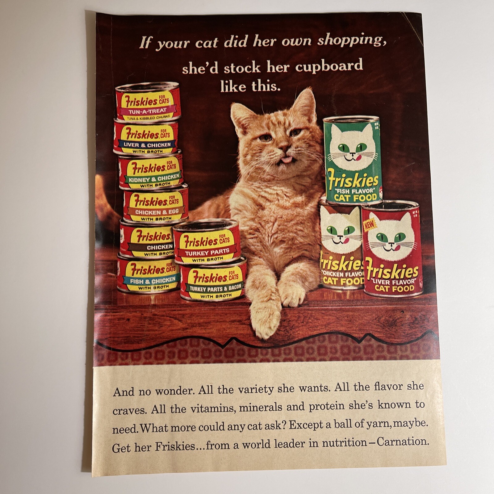 Vintage 1966 Friskies Cat Food Print Ad Carnation Nutrition Variety-Ad Only