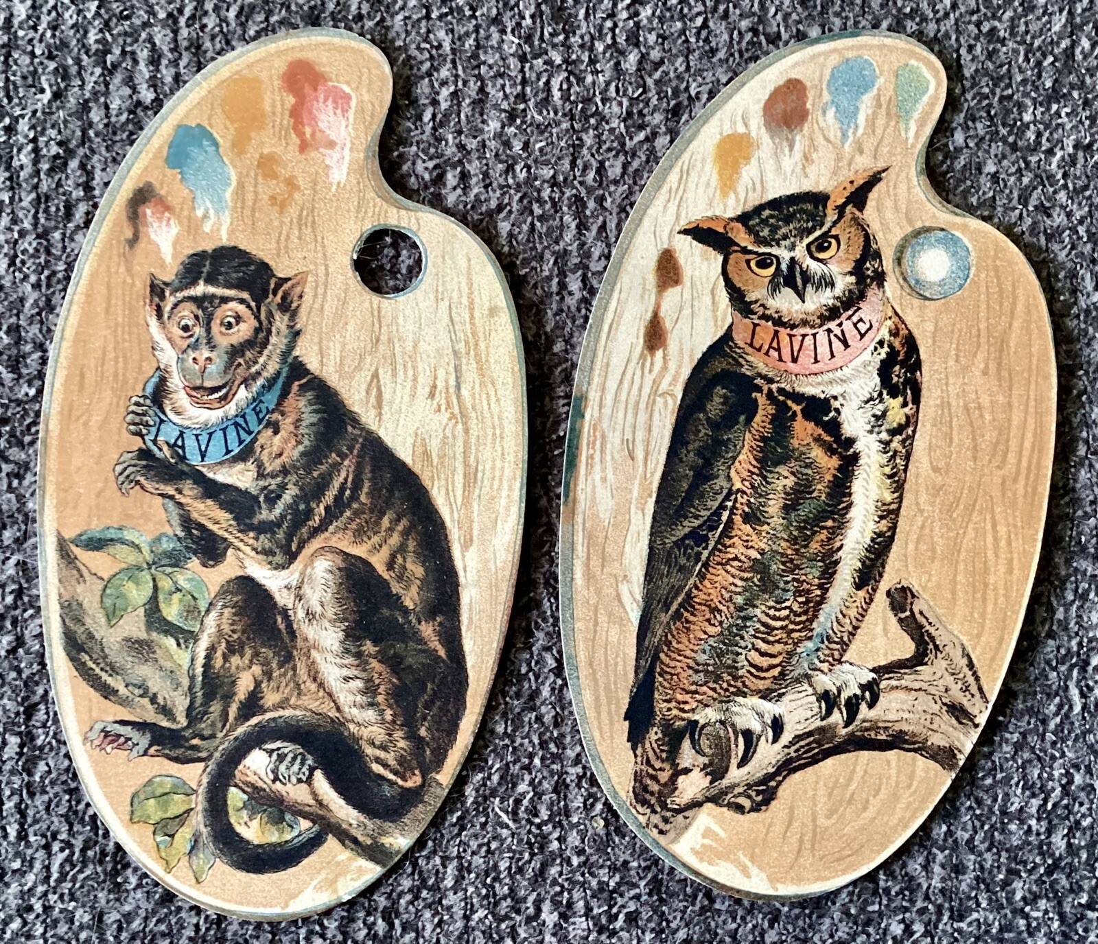 2 Victorian Trade Cards, LAVINE SOAP, Die-Cut Paint Easels, Monkey & Owl