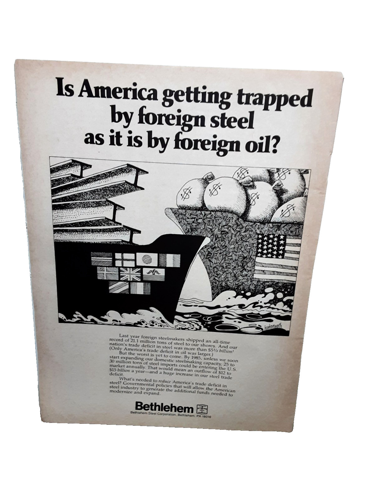 1979 Bethlehem Steel Print Ad Is America Trapped by Foreign Steel Oil