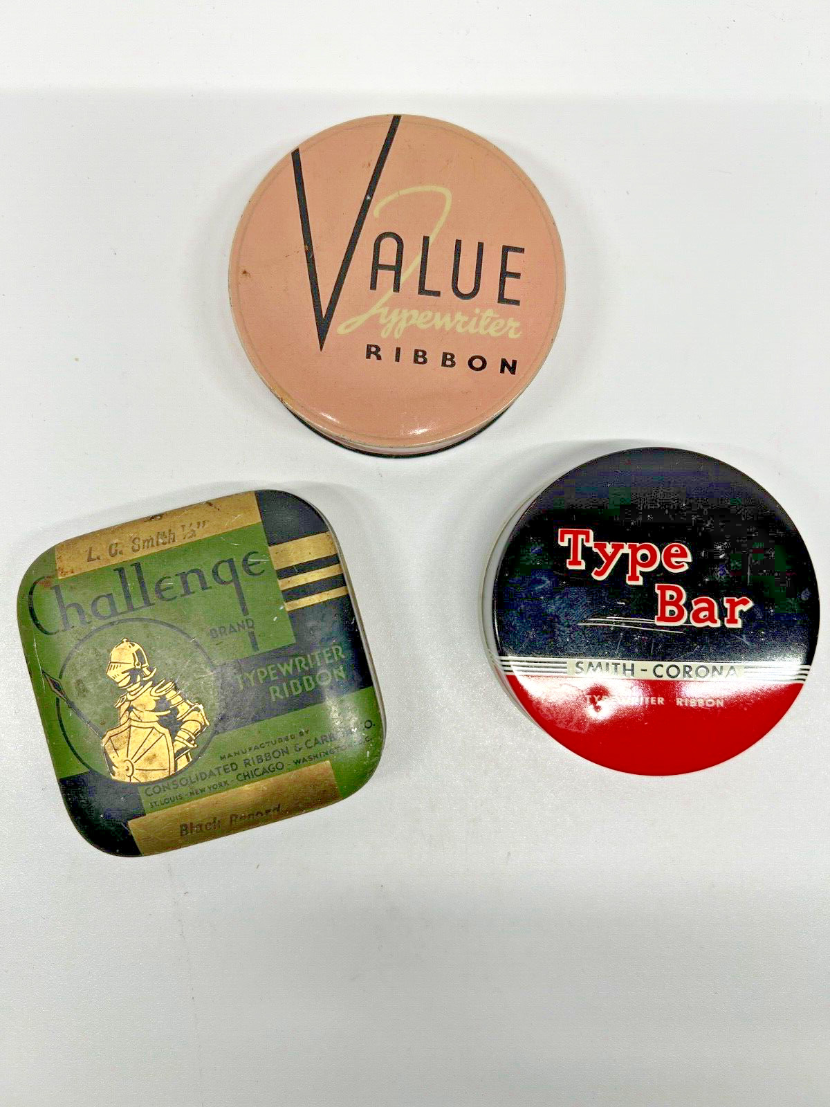 VINTAGE Challenge/Type Bar/ Value TYPEWRITER RIBBON TINS Rd and Square set of 3