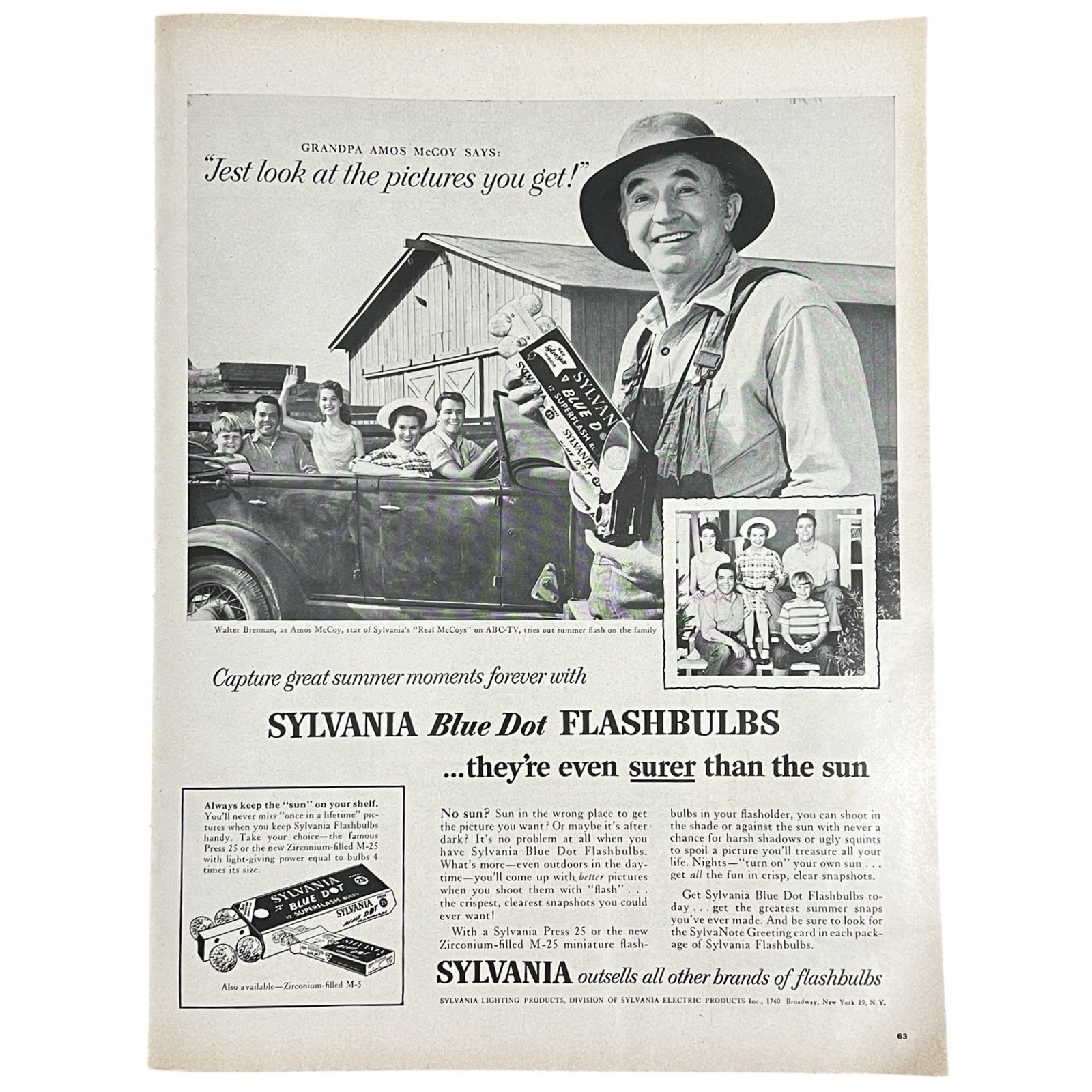 VTG 1958 Sylvania Flashbulbs Walter Brennan Real McCoys Magazine Print Ad