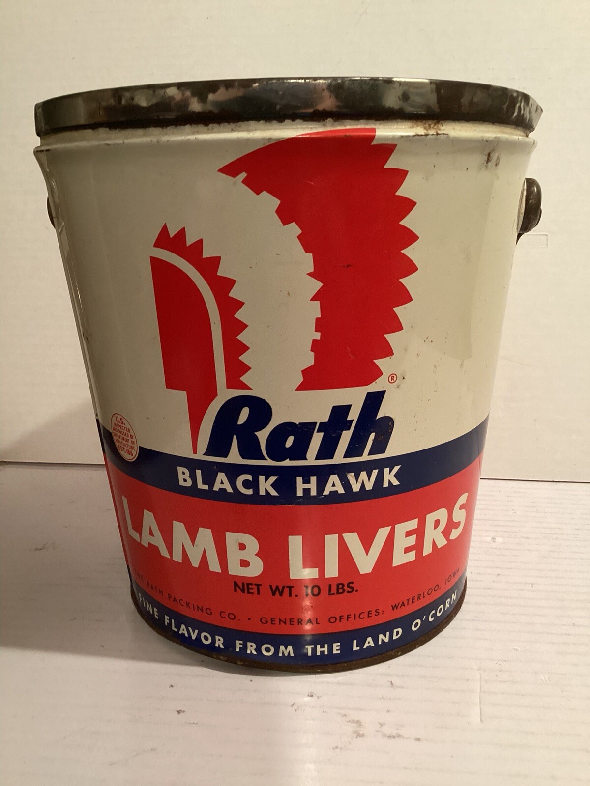 VINTAGE RATH “BLACK HAWK” LAMB LIVERS 10LB ADVERTISING TIN