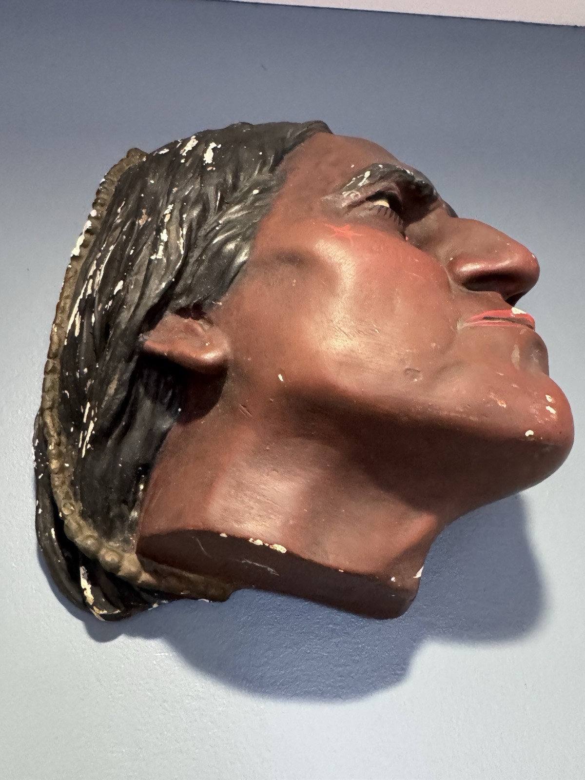 Antique c1900 Native American Indian Bust Cigar Shop Wall Display Chalkware