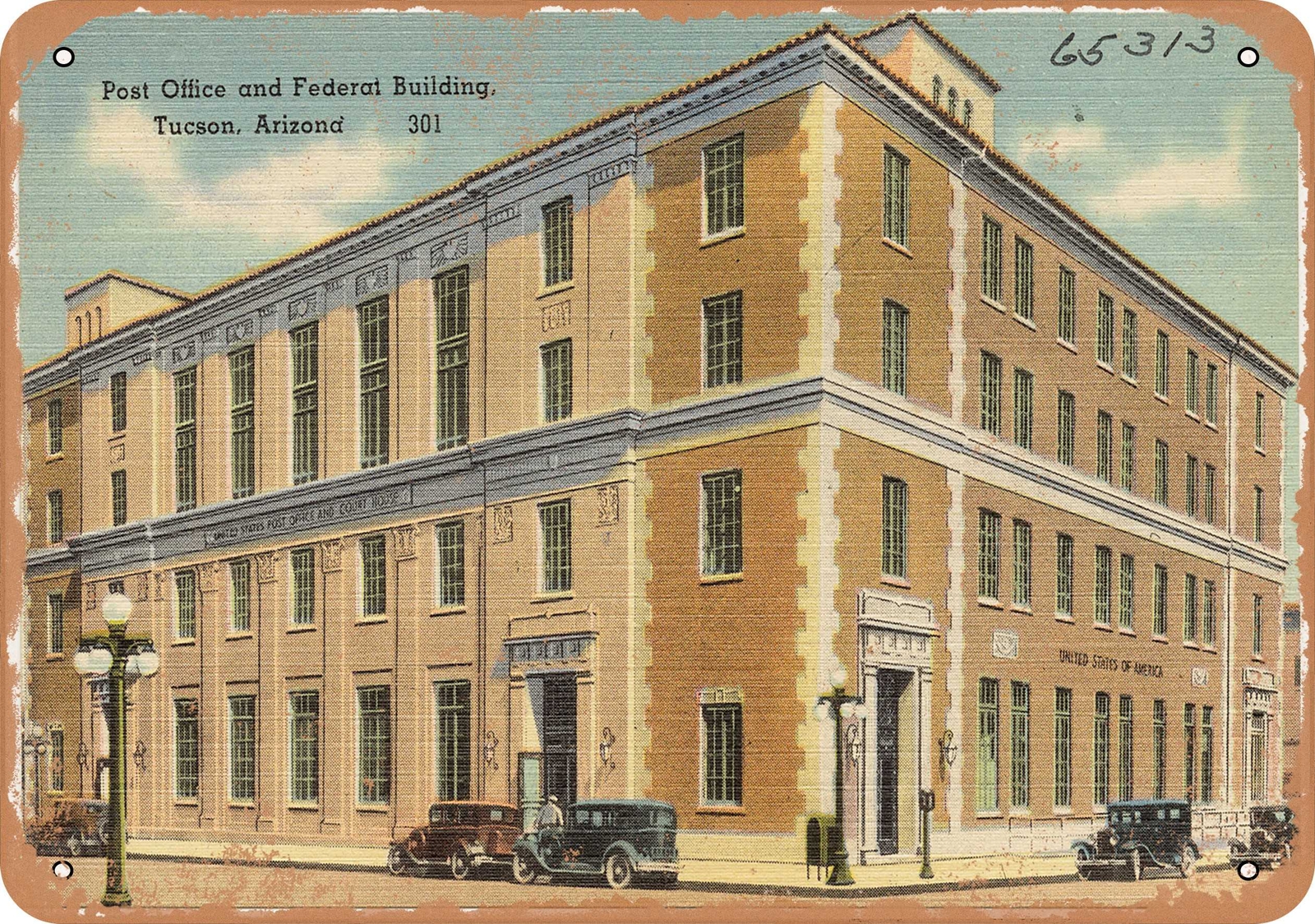 METAL SIGN – Arizona Postcard – Post Office and federal building, Tucson, Arizo