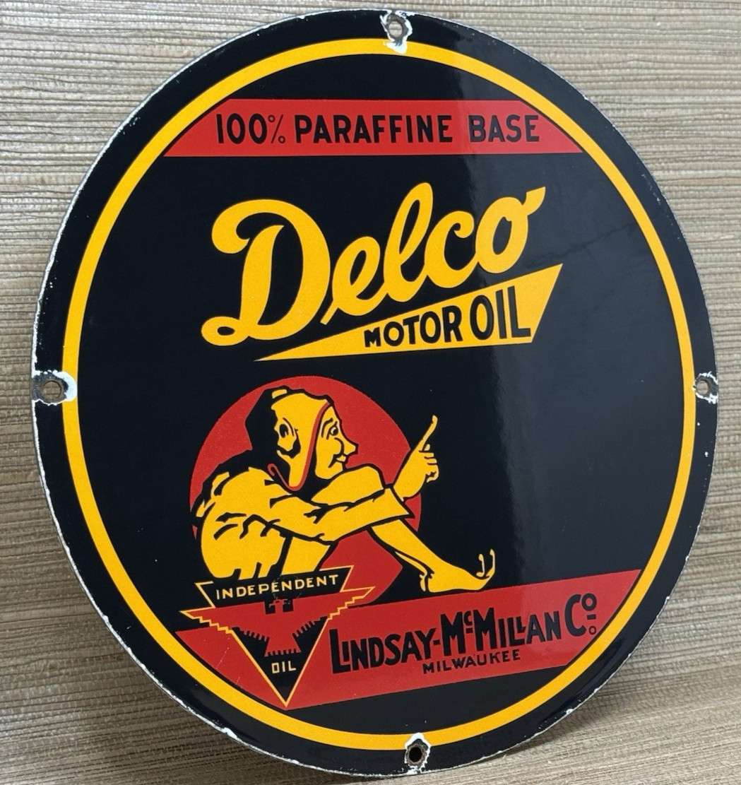 VINTAGE DELCO MOTOR OIL PORCELAIN SIGN GENERAL MOTORS INDEPENDENT GAS STATION