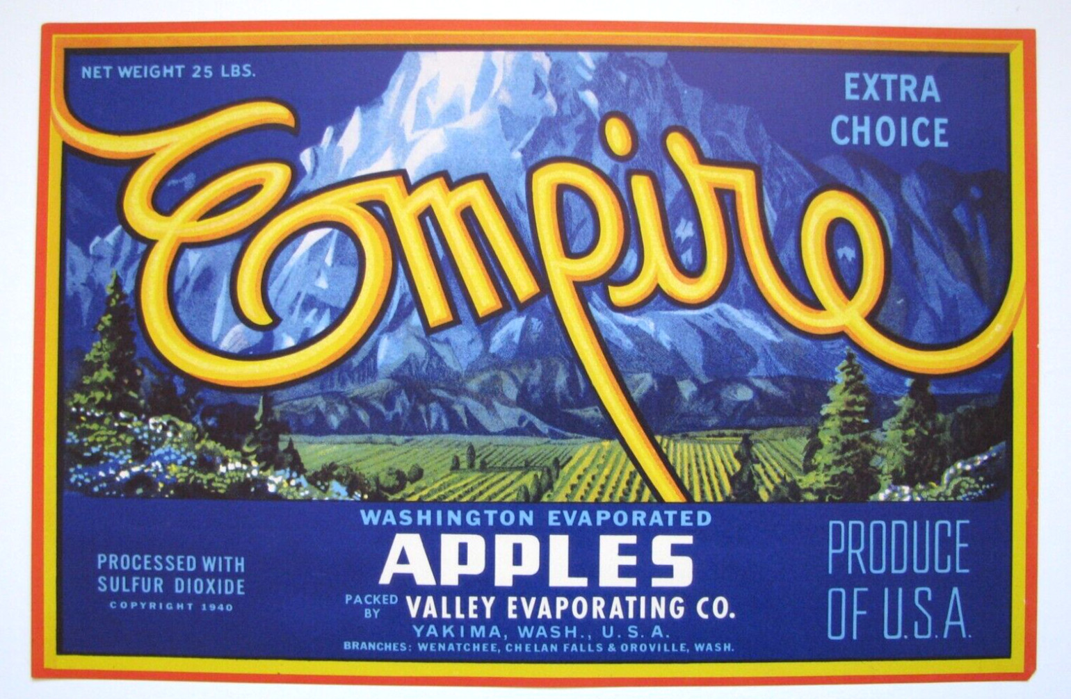 Original EMPIRE apple crate label Valley Evaporating Co Yakima Chelan Falls WA