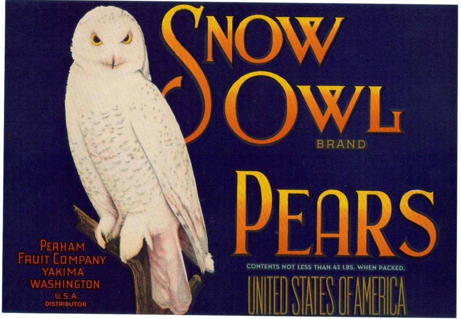 Original SNOW OWL pear crate label Perham Fruit Company Yakima Washington 42 lbs