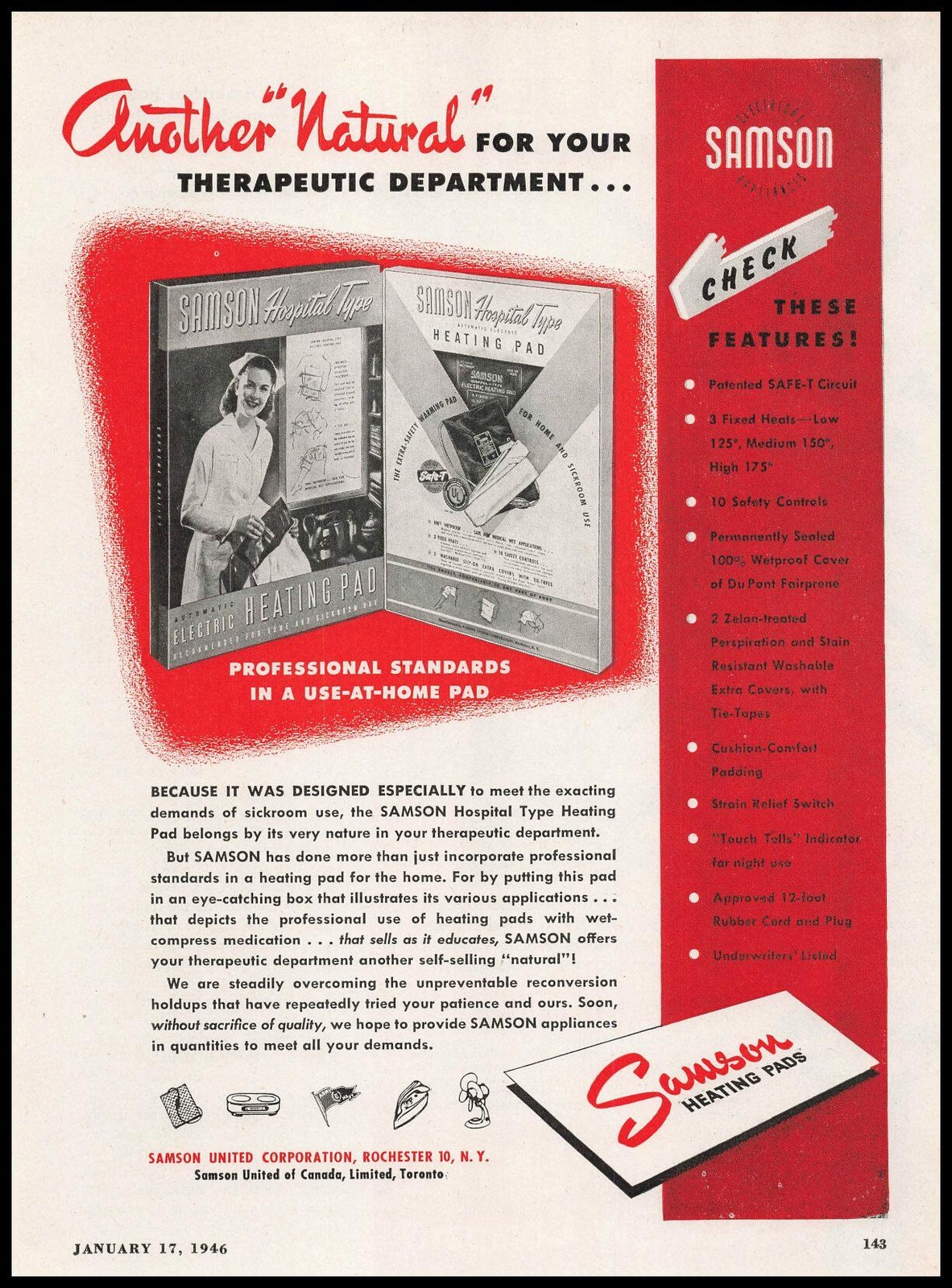 1946 Samson United Corporation Rochester New York Hospital Heating Pads Print Ad