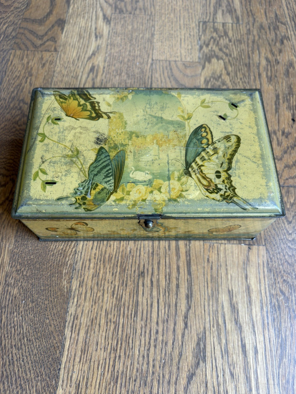 Vintage Artstyle Chocolate Company Tin Box With Butterflies & Hinged Lid