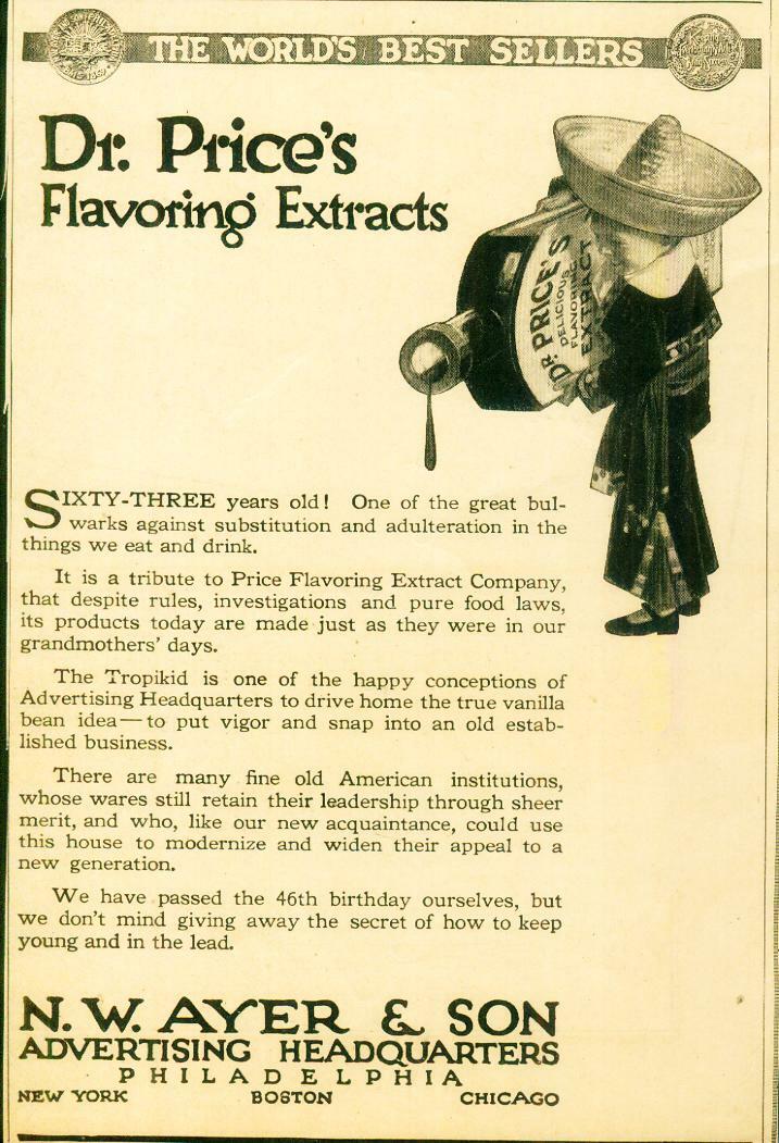 Advertising Dr. Price’s Flavoring Extracts Tropikid True Vanilla NW Ayer 1915