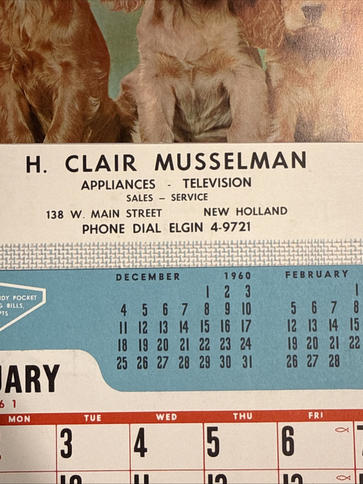 Complete Vintage 1961 Puppy Dog Wall Calendar TV Sales Advertising from Illinois