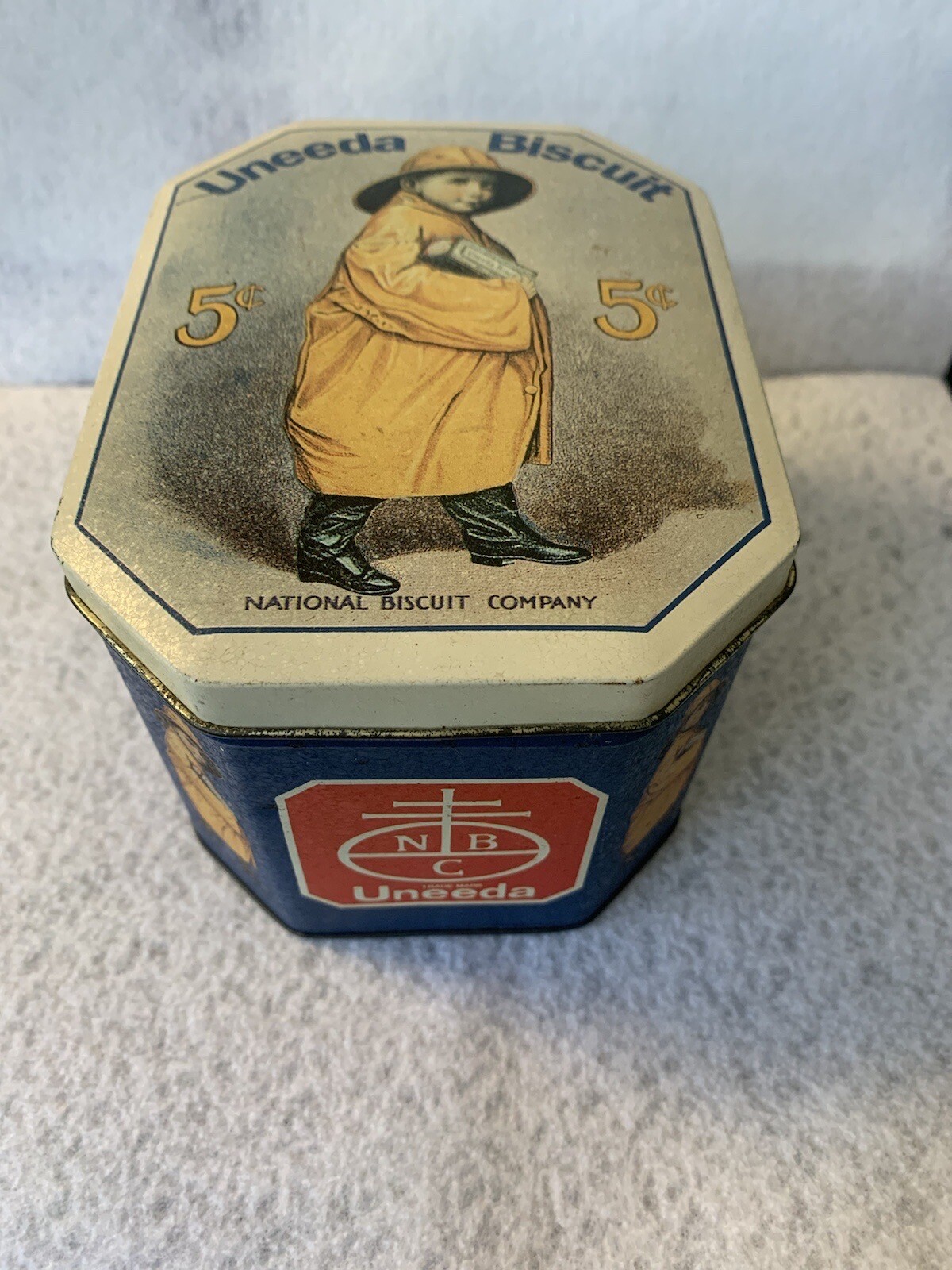 Tin Bristol Ware Uneeda National Biscuit Co Raincoat Boy Tin Canister