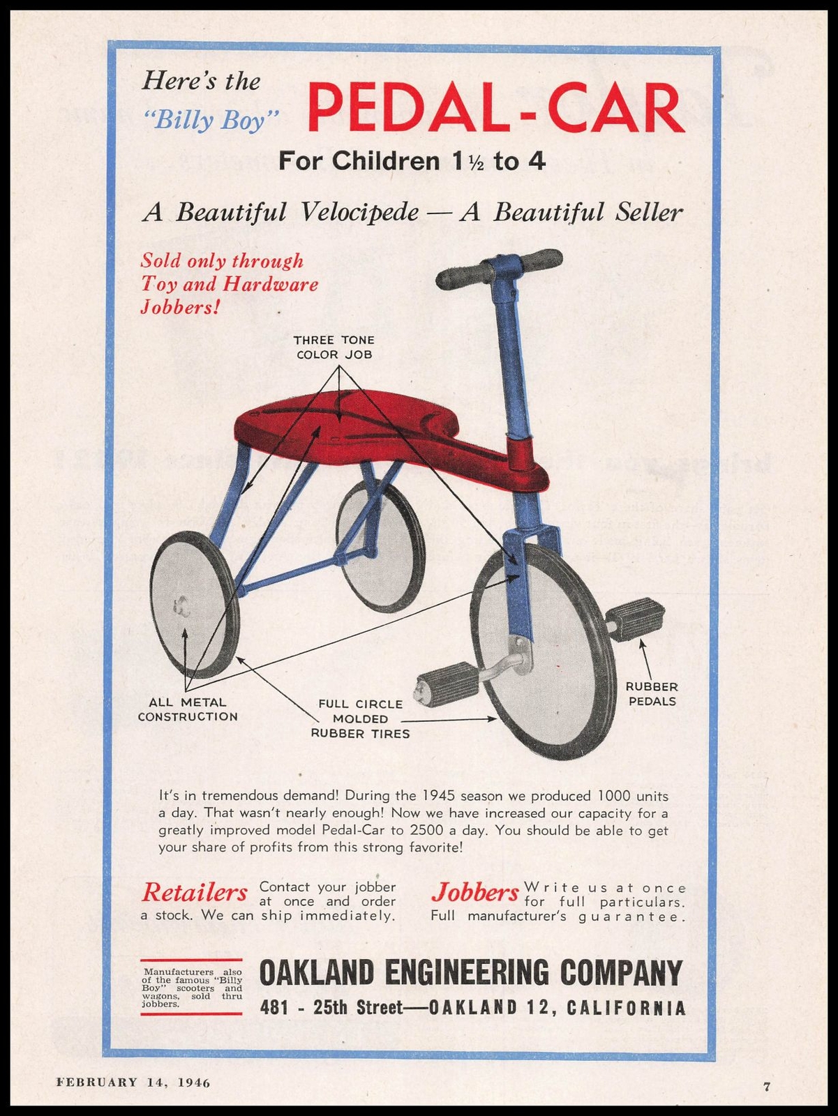 1946 Oakland Engineering Co. Billy Boy Pedal Car Children’s Toy Vintage Print Ad