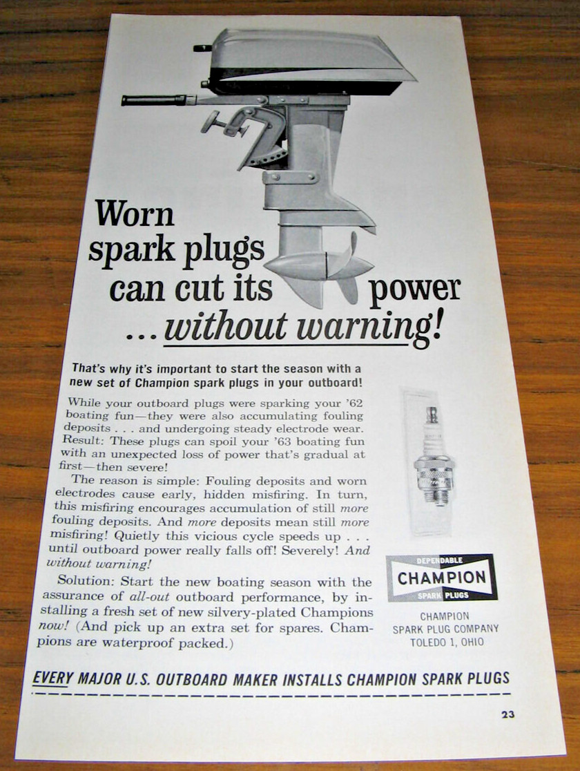1963 Vintage Ad Champion Spark Plugs Every Major US Outboard Motor Maker