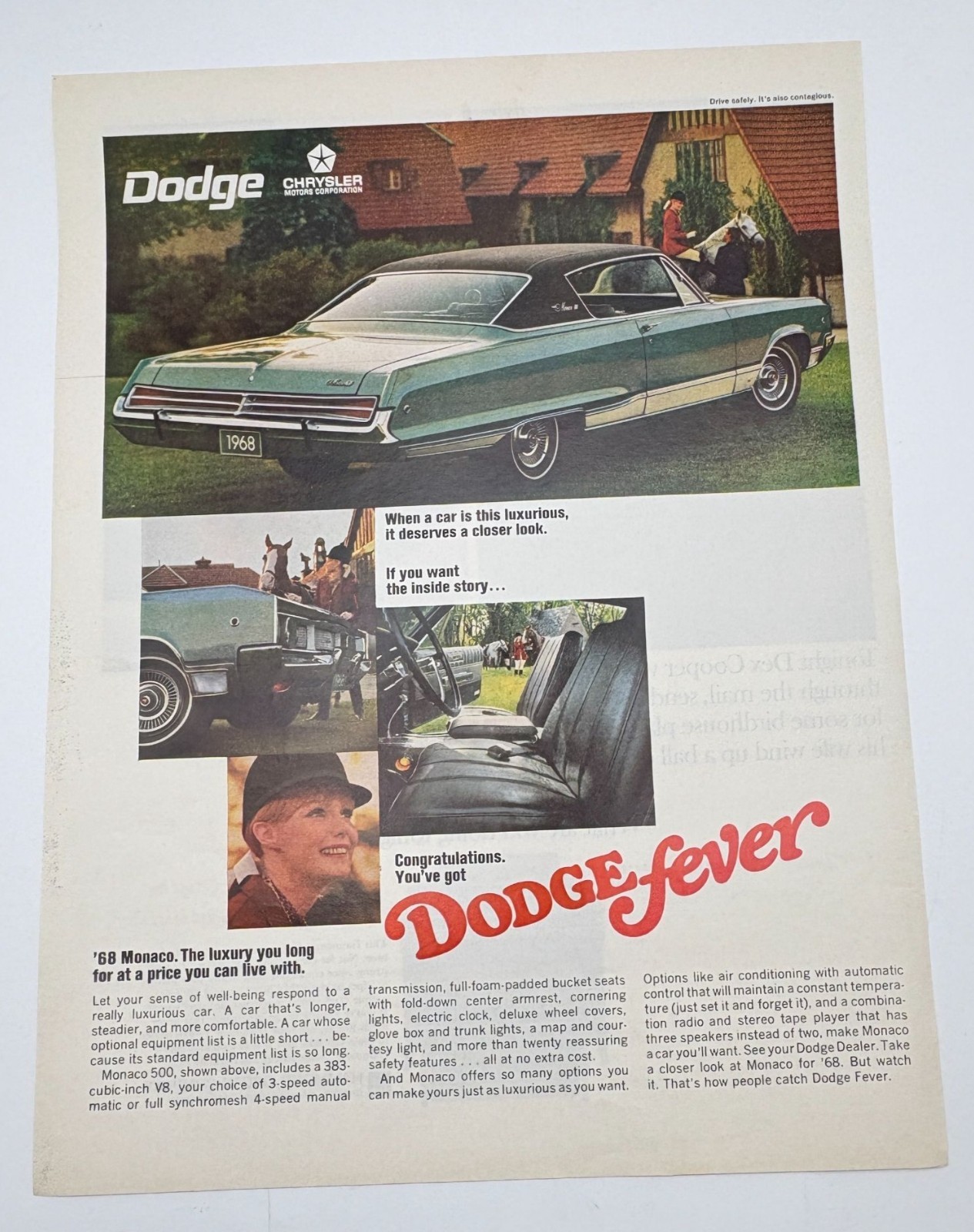 1968 Dodge Monaco Chrysler Vintage Print Ad 1960s Dodge Fever Luxury Features