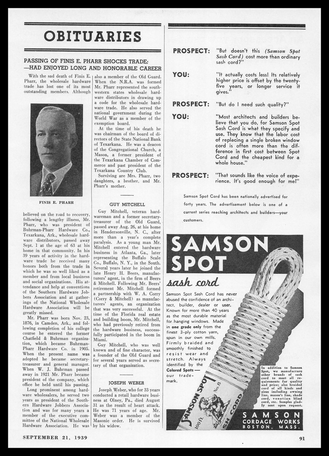 1939 Samson Cordage Works Boston Massachusetts Braided Spot Sash Cords Print Ad