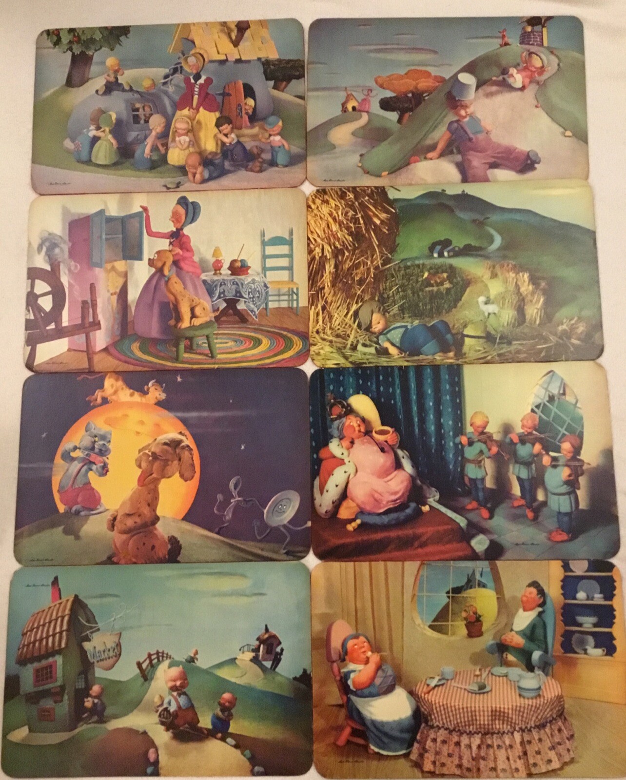 Complete Set of 8 Vintage Mother Goose Place Mats Sass-Dorne Swift’s Meats EUC