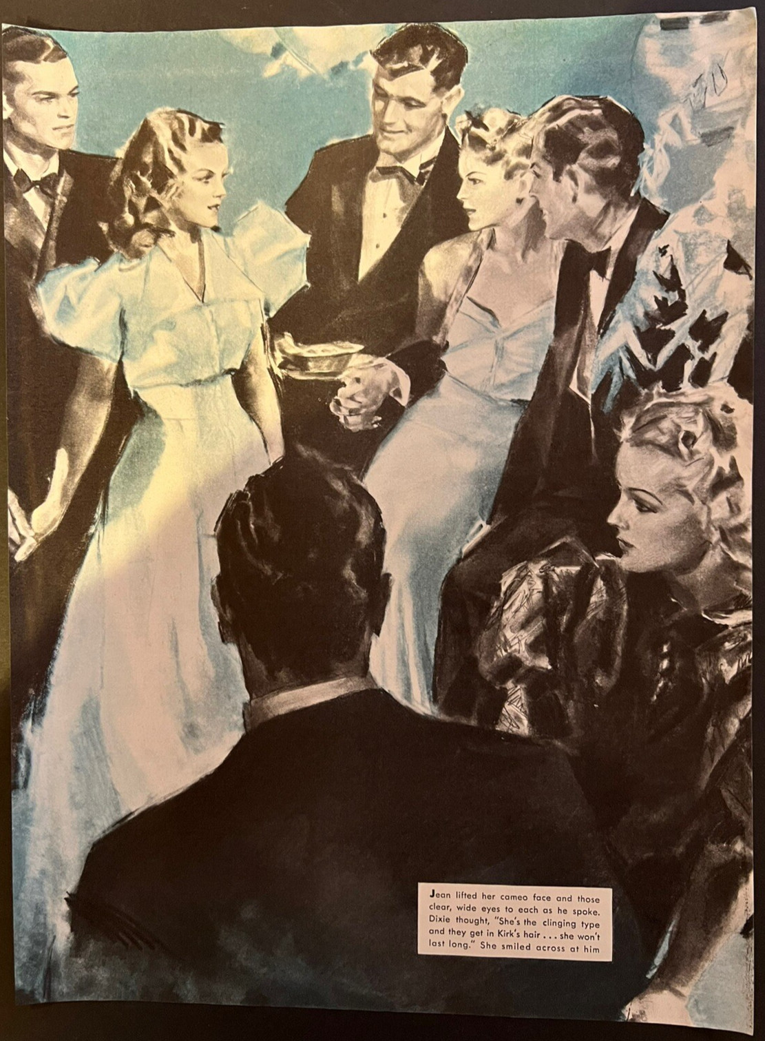 Vtg 1930s Magazine Art with Caption, Black with Blue/Green Background