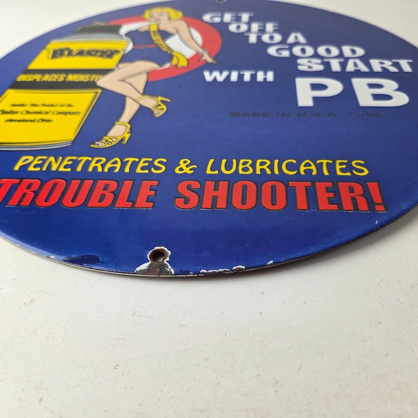 Vintage Lubricant Sign – Pin Up Trouble Shooter Porcelain Gas Service Sign