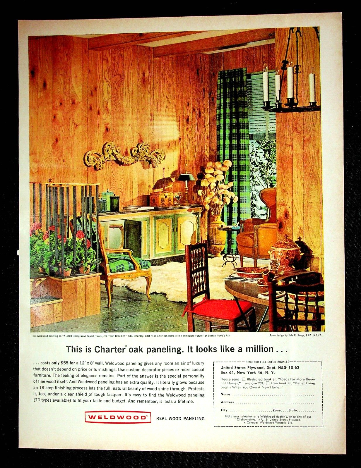 Weldwood Charter Oak Paneling/Lunt Sterling Madrigal, Oct 1962 H&G, VTG Print Ad