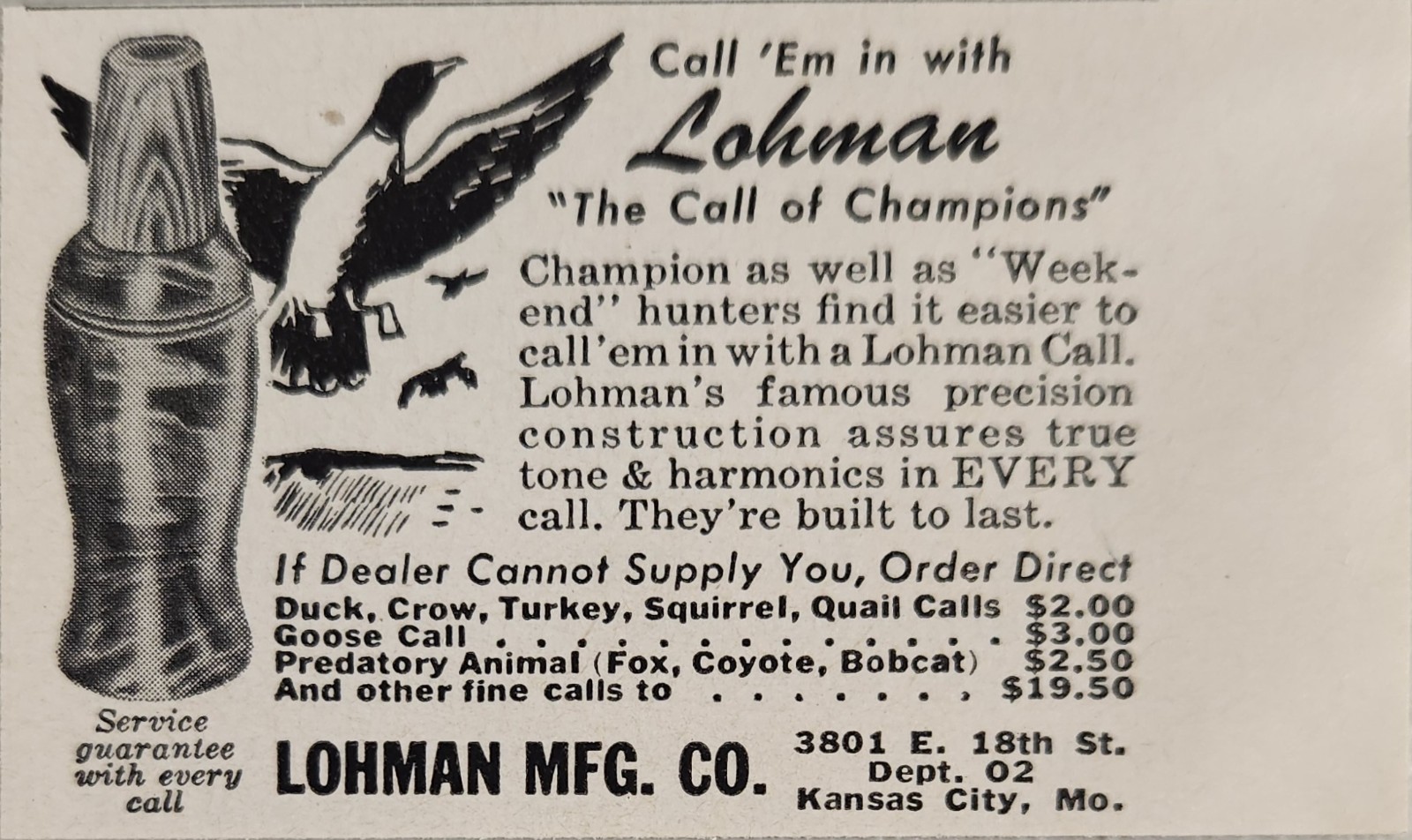 1955 Print Ad Lohman “The Call of Champions” Game Calls Kansas City,Missouri