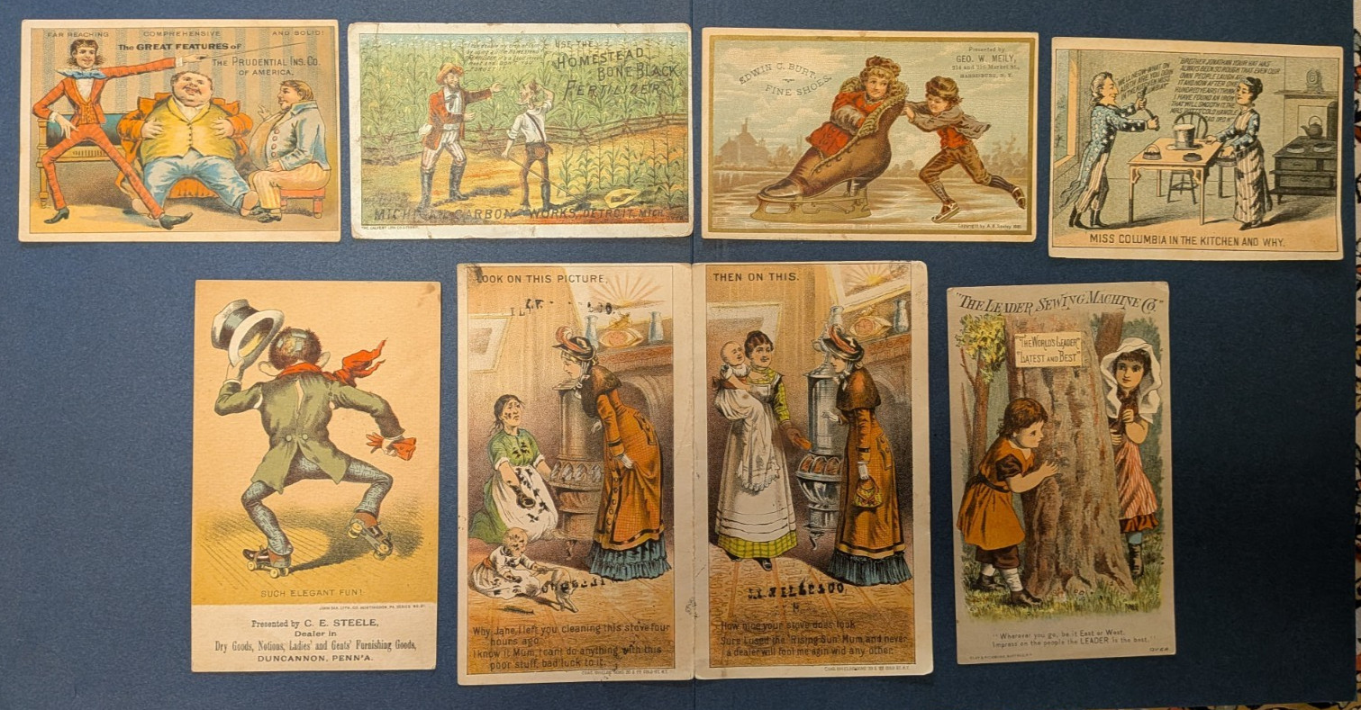 7 Victorian Trade Cards Prudential Homestead Bone Black Rising Sun Leader Sewing