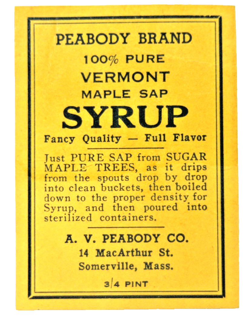 1920-1940 Peabody Brand Vermont Maple Syrup 3/4 Pint Original Product Label