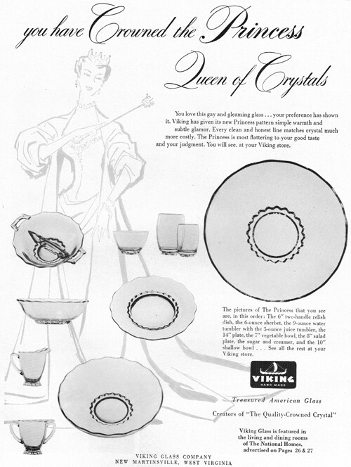 Viking Glass Princess Pattern Crystal Relish Dish Bowl Plate 1953 Magazine Ad