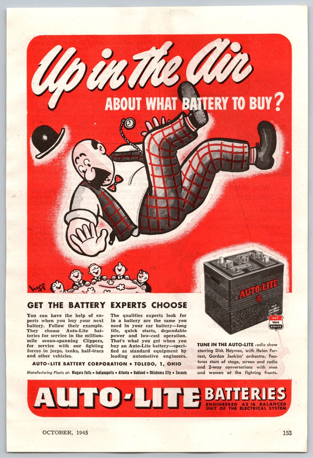 1945 Falling Man Buy War Bonds Auto-Lite Car Batteries Funny Vintage Print Ad