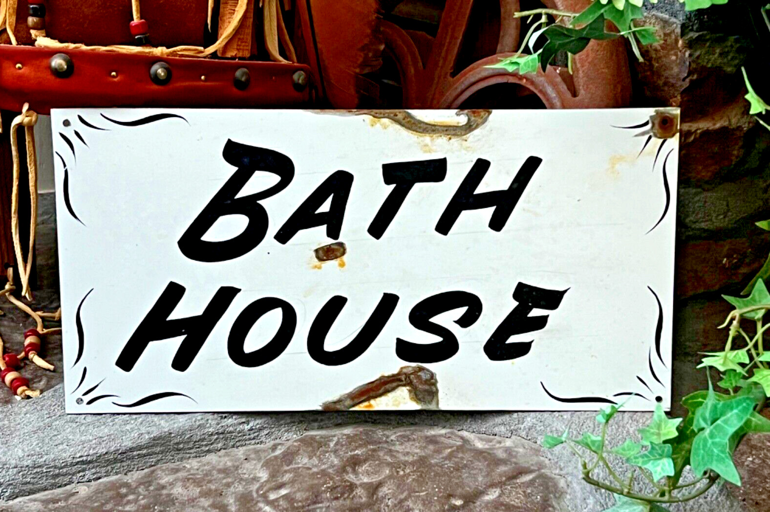 Hand Painted Sign Metal BATH HOUSE Tub Farm Cottage Western Rustic Home Decor