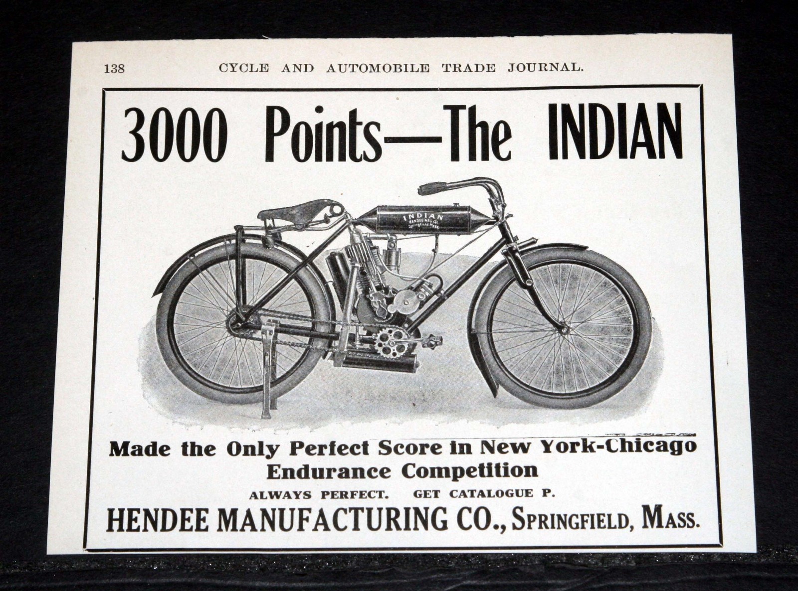 1908 OLD MAGAZINE PRINT AD, 3000 POINTS-THE INDIAN MOTOCYCLE, A PERFECT SCORE!